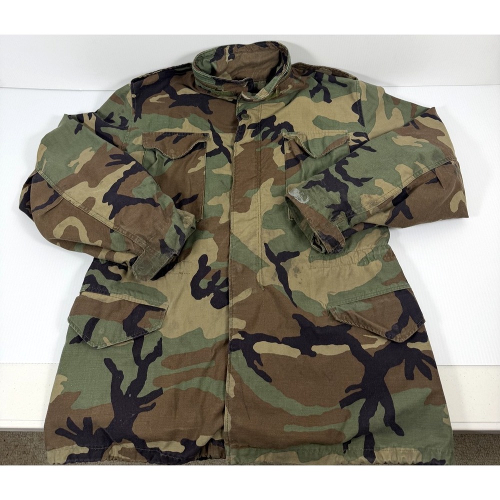 Vintage US Army M65 Field Jacket Mens Medium Long Woodland Camo Cold Weather